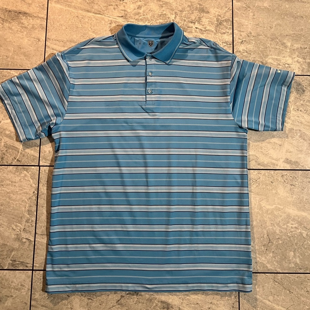 Nike Golf Mens Blue/White Poly Spandex Stripe Short Sleeve Polo Shirt Sports XL